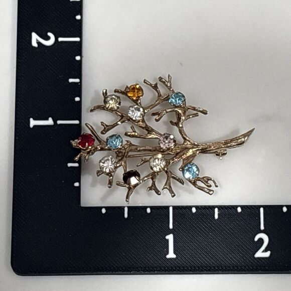 Vintage Sterling Silver Tree of Life Brooch Rhinestone Gold Tone Signed - Picture 5 of 7